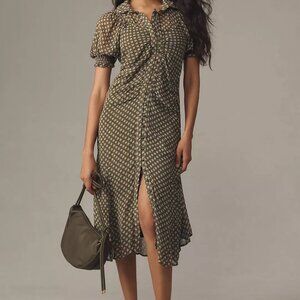 *Never Worn Tags On* By Anthropologie Puff-Sleeve Ruched Mesh Midi Shirt Dress